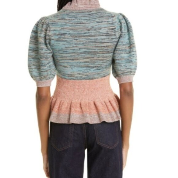 NWT ULLA JOHNSON Ava wool ruffle sweater pink grey block peplum SIZE PETITE bhmn - Picture 2 of 7